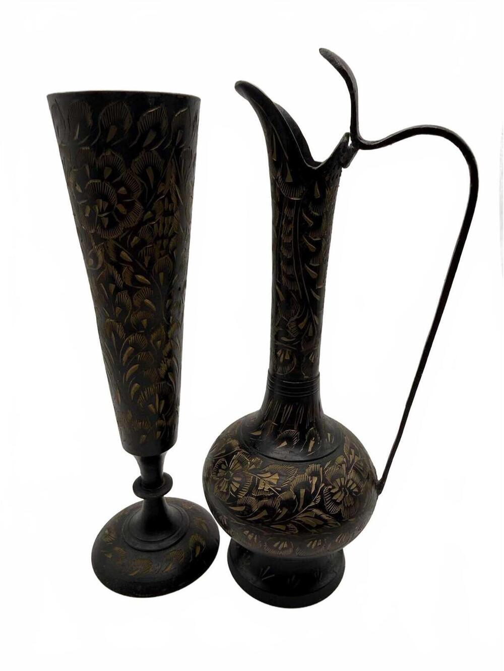 Vintage Hand-Engraved Brass Pitcher and Vase Set